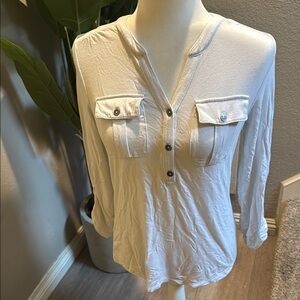 A New Day White Button-Up 3/4 Top